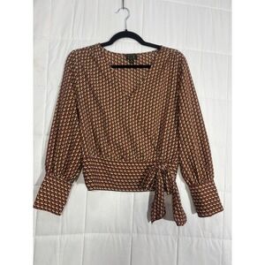 DLM Womens Geometric Chain Print Wrap Blouse Red Black Gold Tie Waist Medium